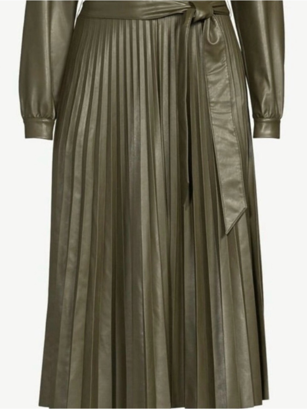 Faux Leather Pleated MIDI Dress Olive Green Chic Small NWT - Picture 3 of 15